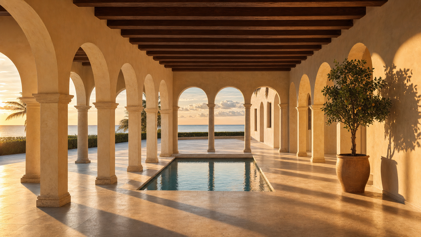 Mediterranean estate colonnade with limestone arches casting shadows across travertine flooring, central reflecting pool, walnut beams overhead