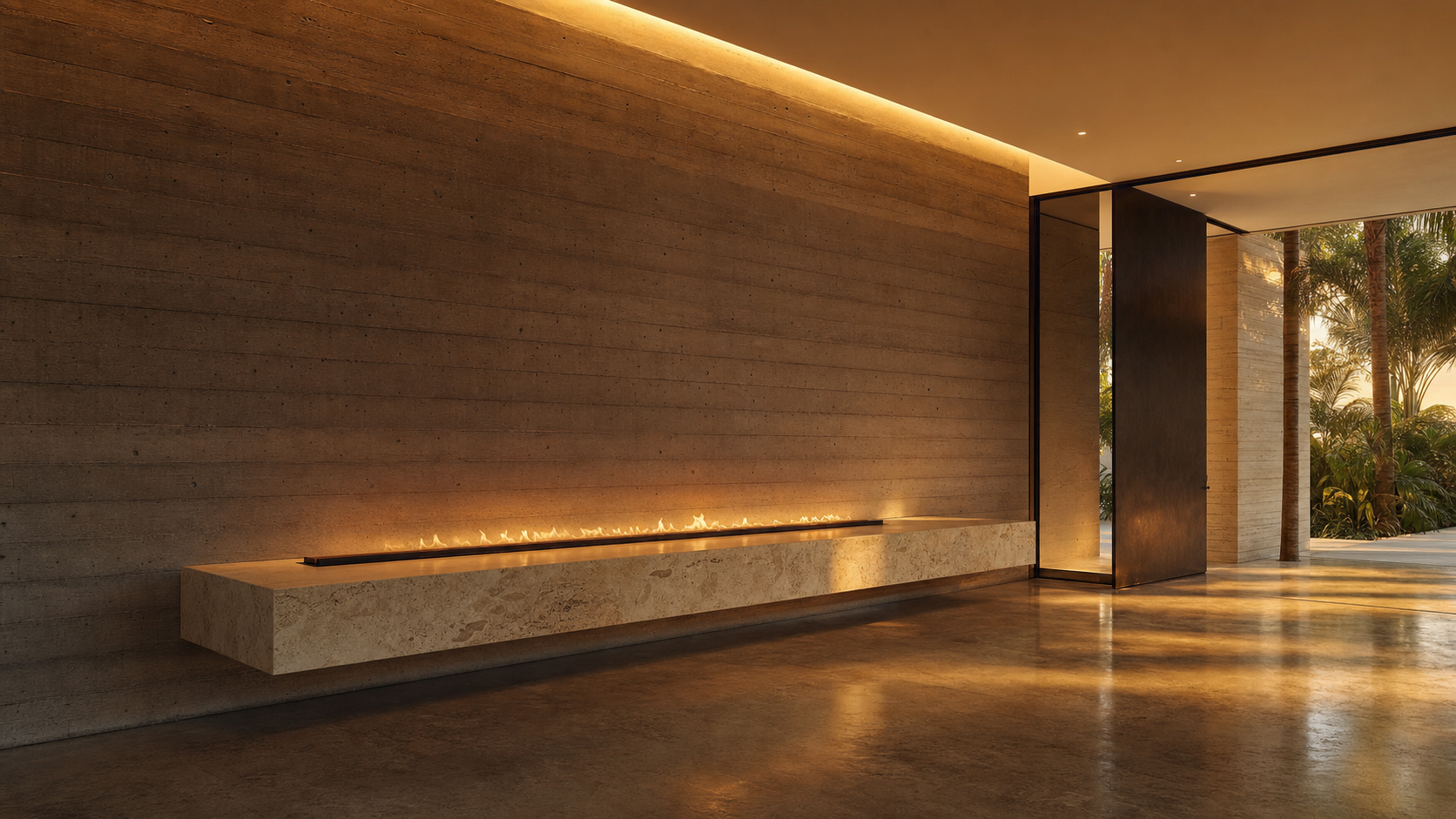Warm modern fireplace floating from a board-formed concrete wall, lit by a hidden LED reveal at golden hour