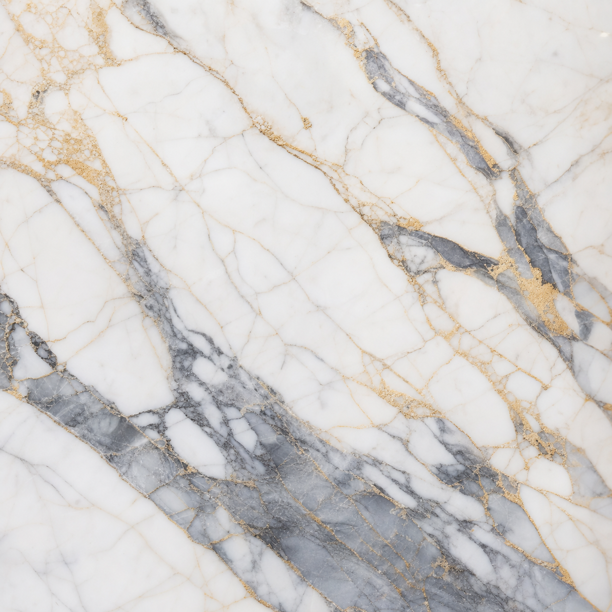 Calacatta marble with dramatic gray-gold veining on warm white