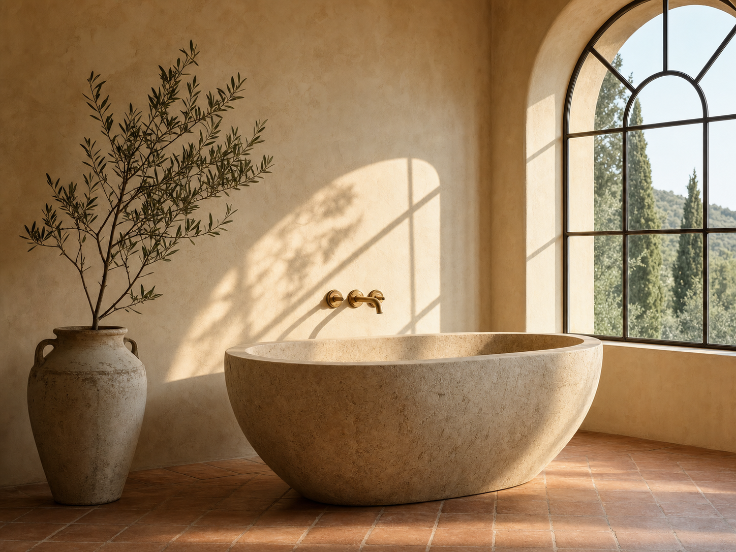Carved limestone vessel tub beneath an arched iron window, Venetian plaster walls, terracotta tile floor, unlacquered brass fixtures