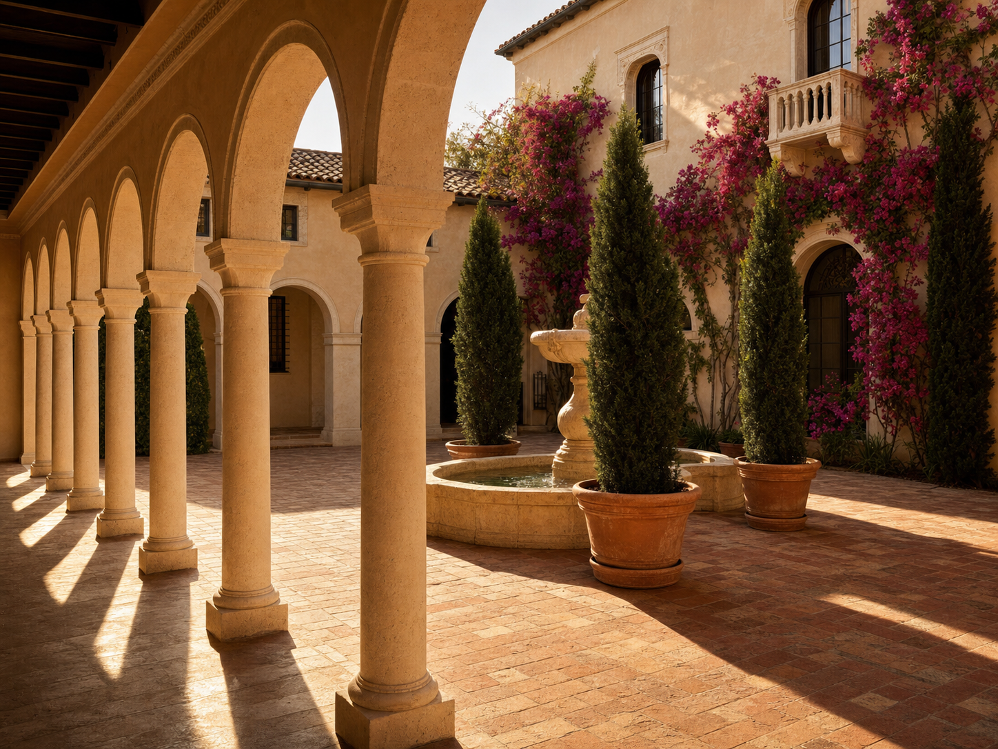Mediterranean courtyard with limestone arched colonnade, central fountain, cypress trees, bougainvillea on a Venetian plaster wall