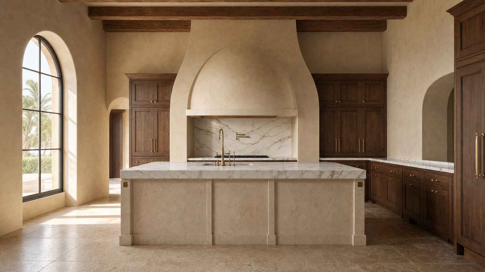 Mediterranean estate kitchen with arched plaster range hood, limestone island, Calacatta marble counters, walnut cabinetry, and exposed ceiling beams