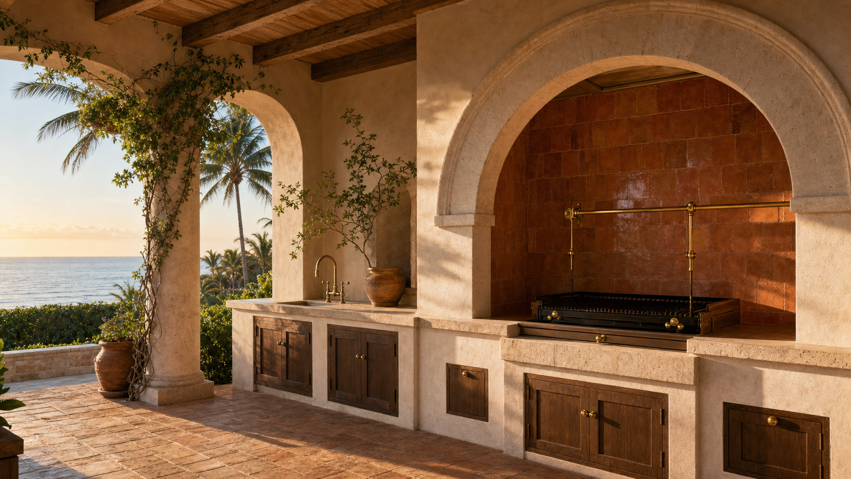 Mediterranean outdoor kitchen on a Palm Beach estate loggia with arched limestone alcove, hand-laid terracotta backsplash, exposed wood beam ceiling