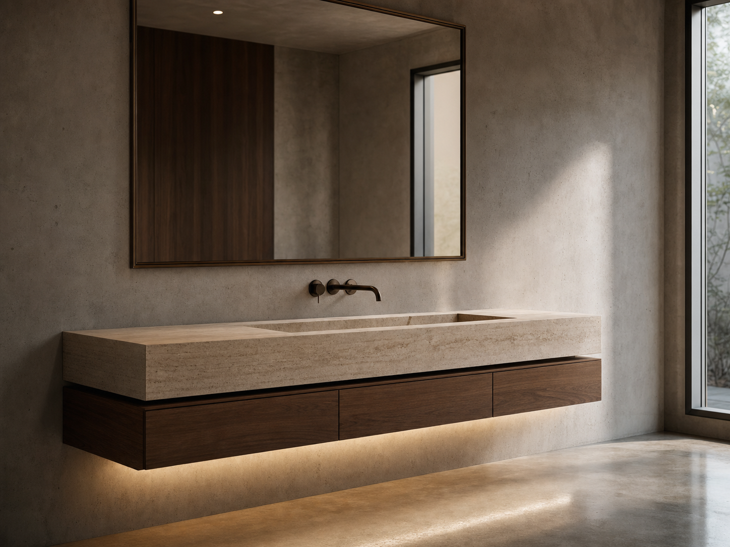 Floating walnut vanity beneath a single travertine slab with integrated trough sink, hidden LED reveal below