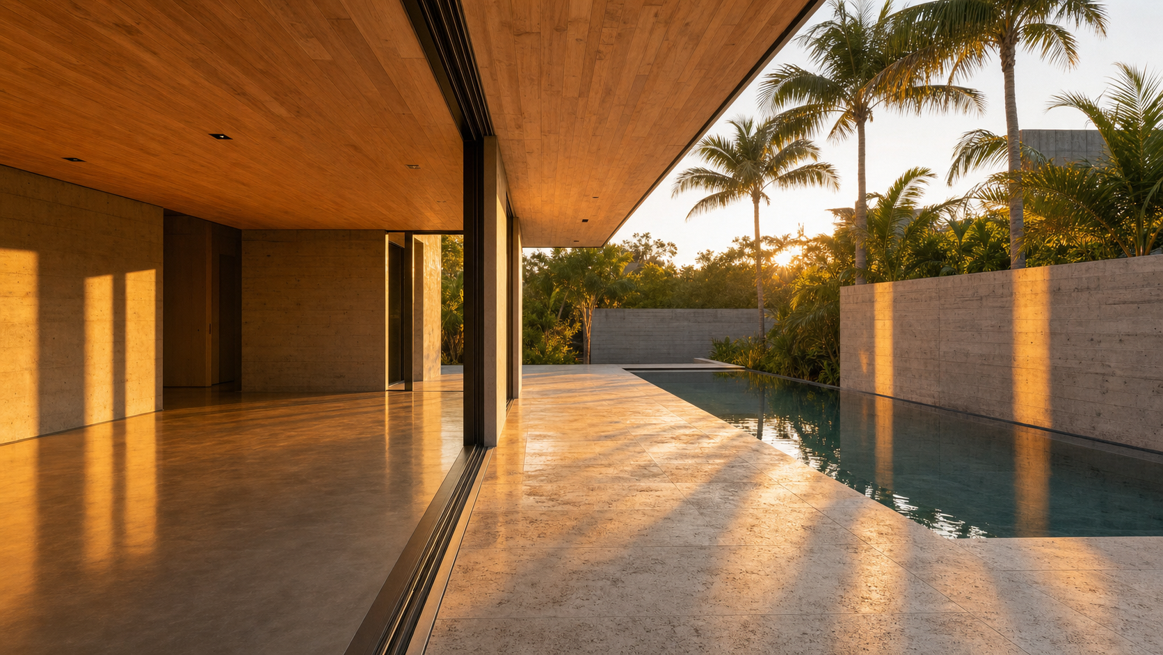 Seamless indoor to outdoor flow with retracted glass walls and polished concrete floor extending to a travertine deck and linear pool