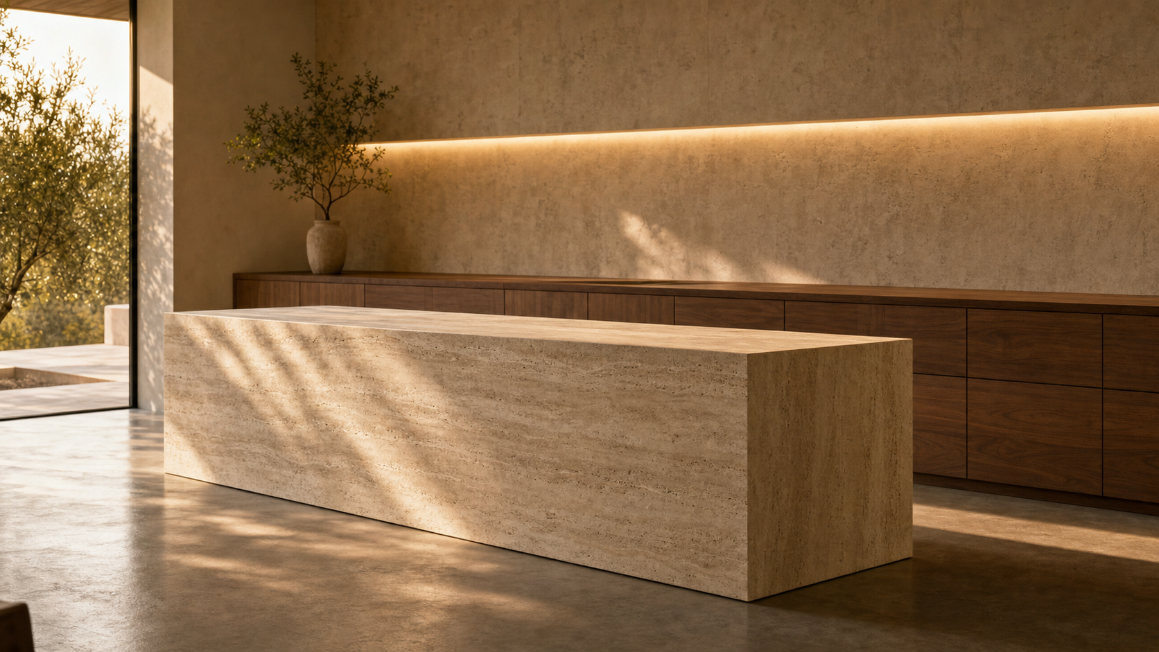 Warm modern integrated kitchen with monolithic travertine island and concealed walnut cabinetry against a warm concrete wall