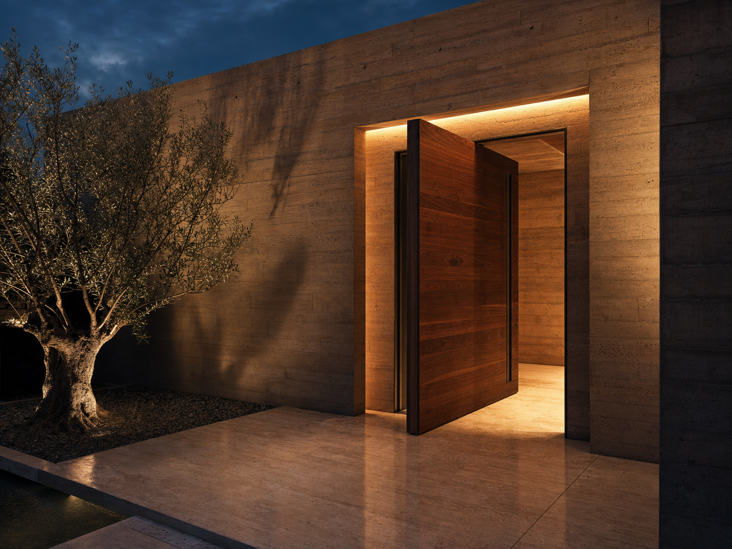 Monumental walnut pivot door set in a warm board-formed concrete facade at twilight, hidden LED reveal grazing the wall