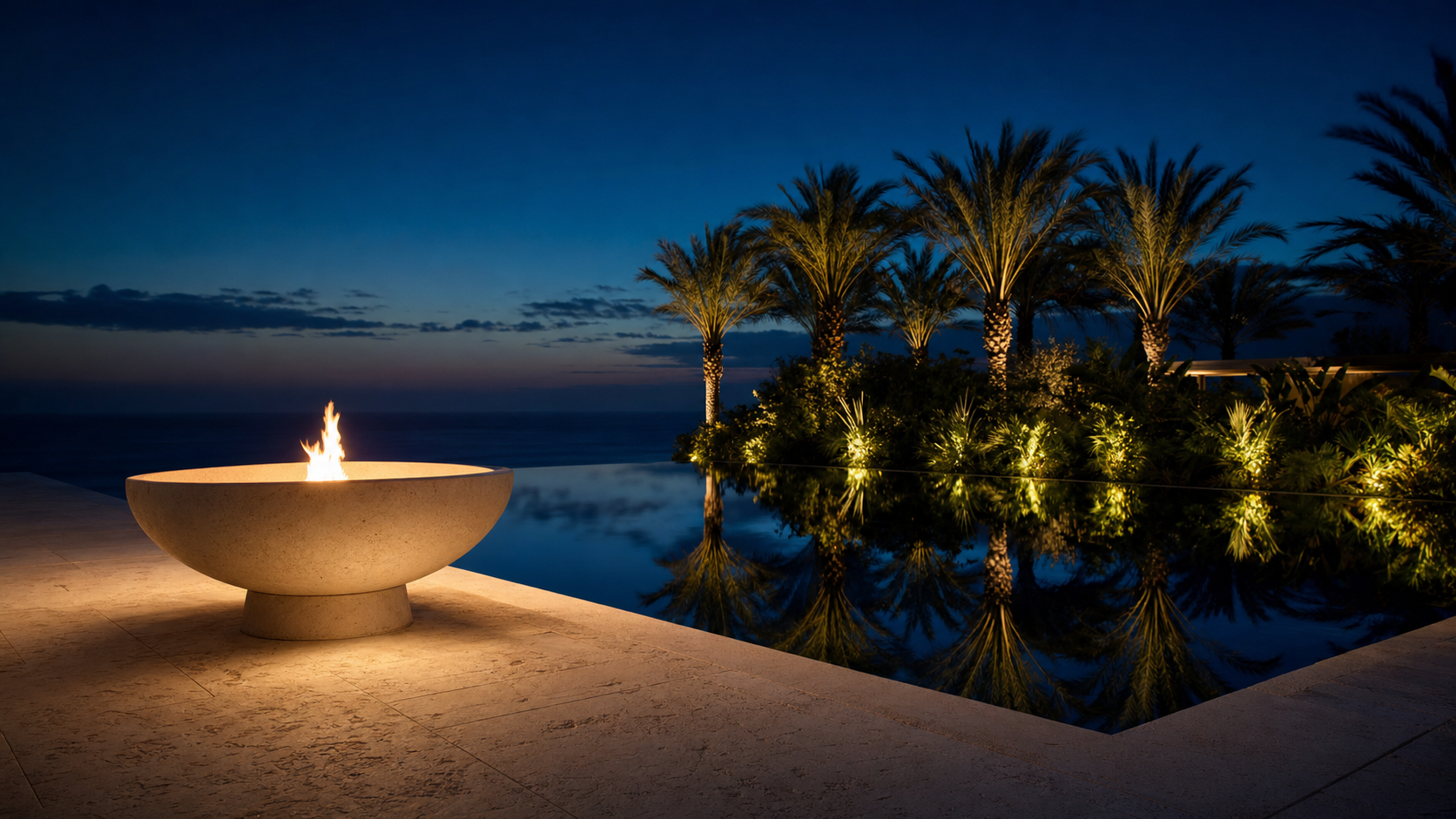Monolithic limestone fire bowl on a travertine deck at deep twilight, single steady flame reflected in the still infinity pool, palms uplit in the background, ocean horizon beyond