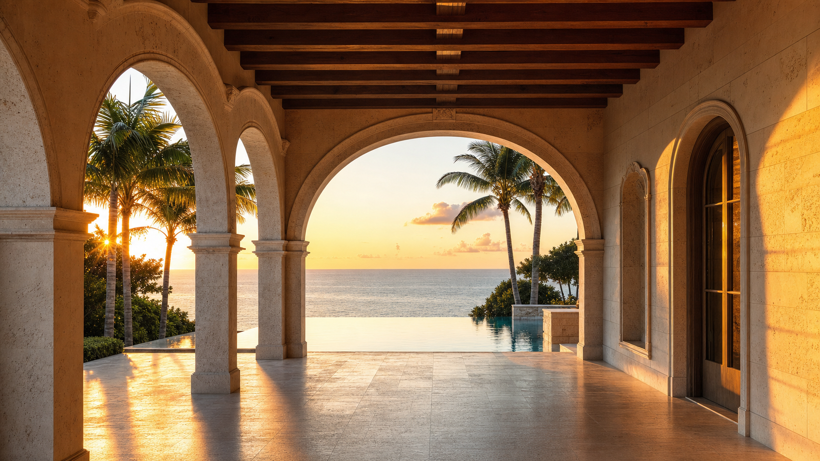 Luxury Florida estate loggia with limestone arches and walnut ceiling beams framing an infinity pool and ocean horizon at golden hour