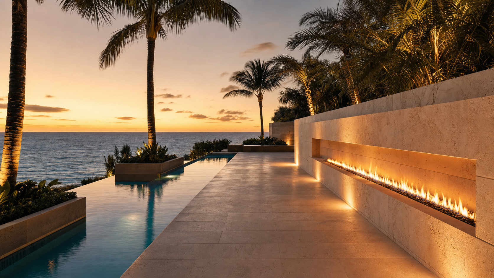 Luxury patio with linear gas fire trough along a limestone wall, infinity pool, palms, and ocean horizon at dusk