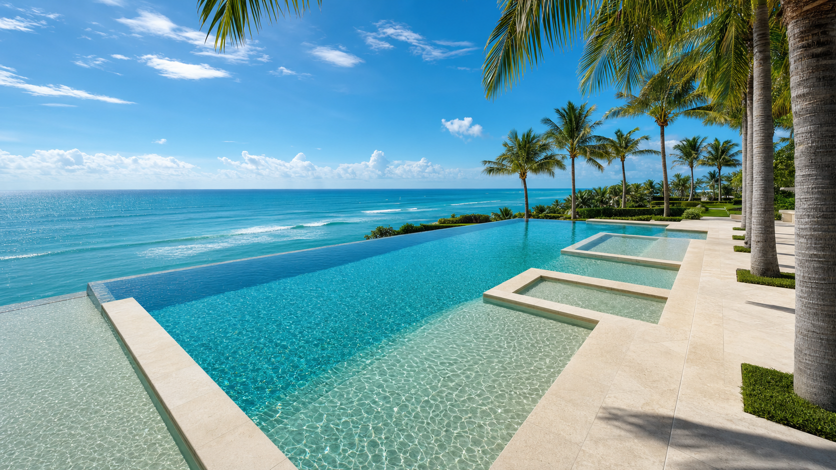 Massive infinity-edge pool at midday framed by royal palms, water spilling toward the ocean, limestone deck
