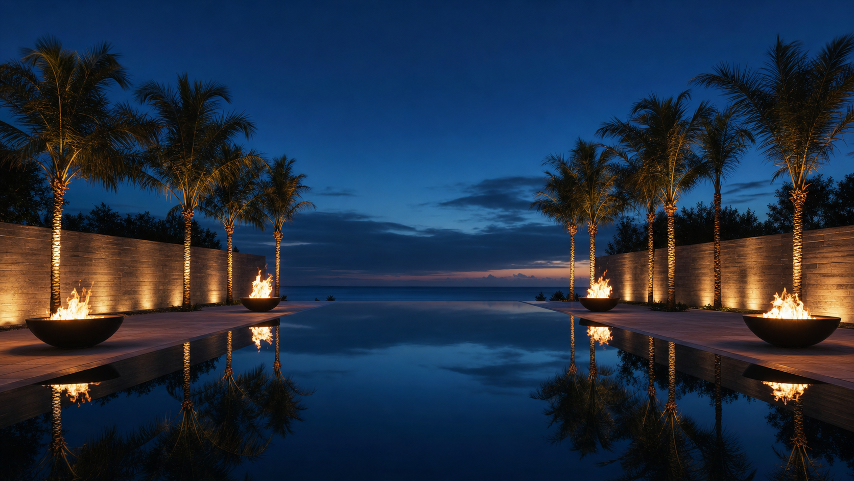 Massive infinity-edge resort pool at deep twilight with four warm fire bowls reflecting in still water, framed by tall palms