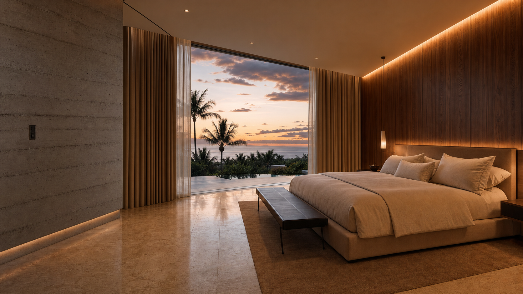 Warm modern primary suite at dawn with automated drapes opening to reveal a Florida coastal palm view, hidden LED rising from amber to warm white, a flush bronze touchscreen panel barely visible in the concrete wall