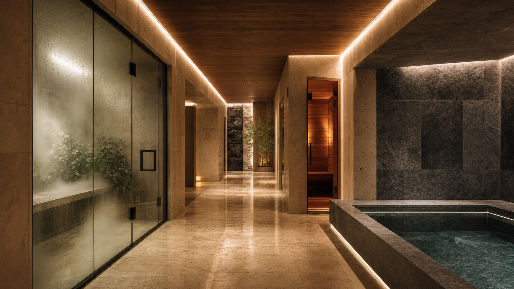 Cinematic residential wellness corridor at dusk: glass-walled steam room with eucalyptus mist on one side, basalt-lined cold plunge on the other, warm-glowing cedar sauna door at the far end