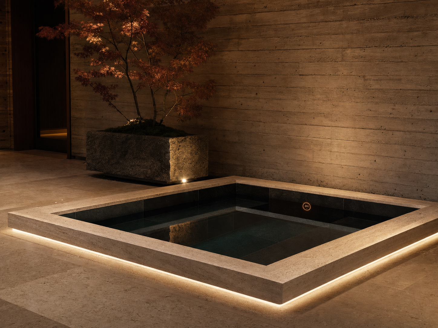Sunken cold plunge basin lined in basalt stone, hidden LED reveal under the lip, against a board-formed concrete wall with a Japanese maple