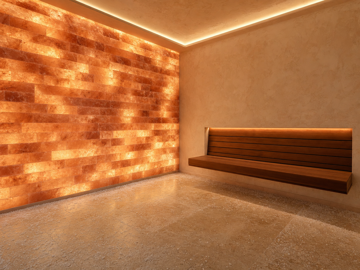 Halotherapy salt room with translucent backlit Himalayan salt brick wall, Venetian plaster opposing wall, polished travertine floor with crystallized salt