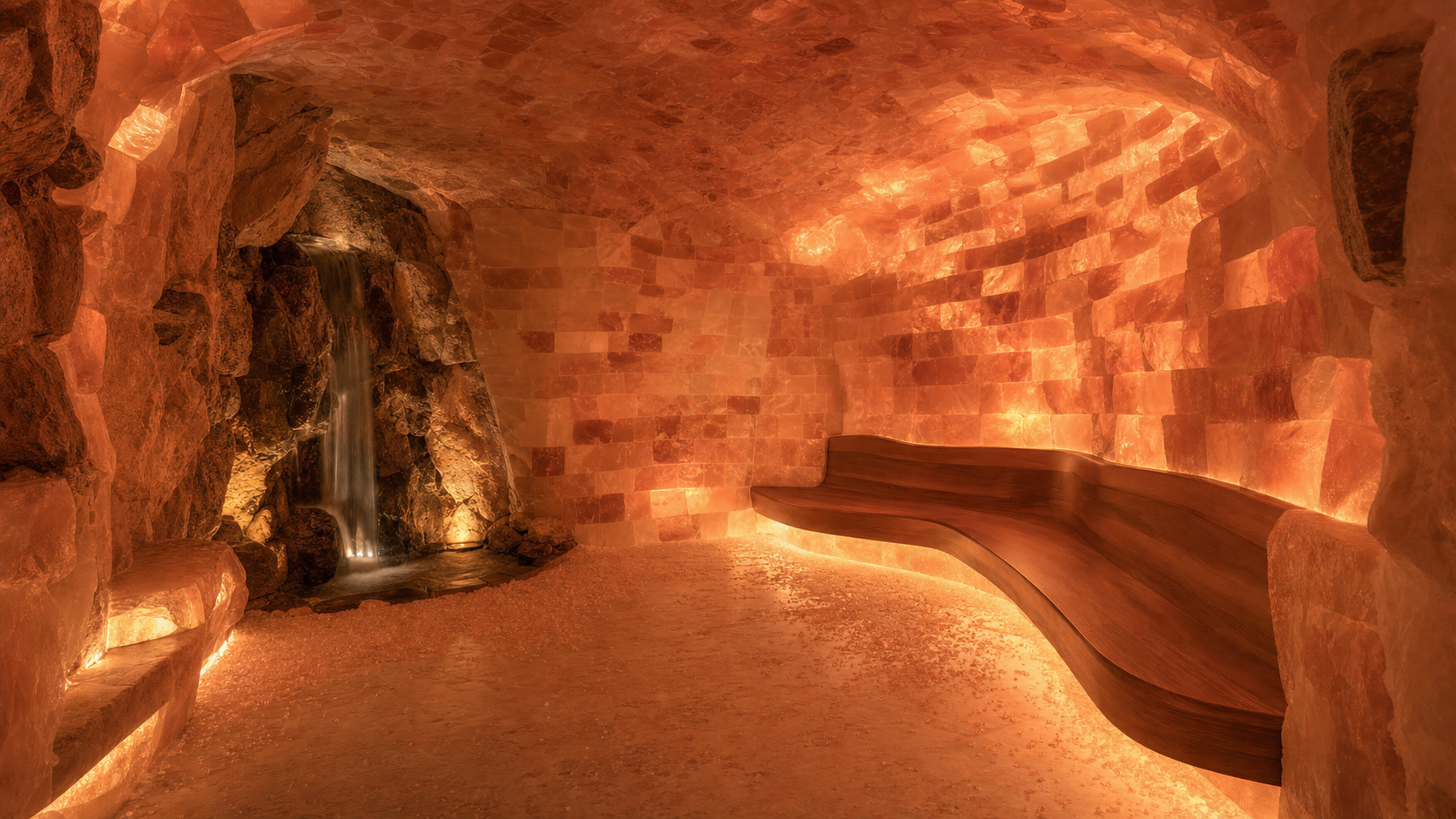Indoor residential salt cave with hand-stacked Himalayan pink salt brick walls glowing from within, a sculptural teak bench, a silent rock waterfall in the corner, and crystalline salt scattered across the travertine floor