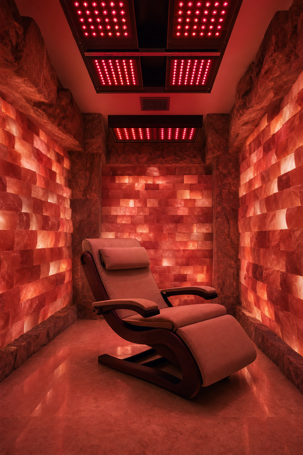 Salt cave bathed in deep crimson red-light therapy from ceiling-mounted panels, zero-gravity wellness recliner in dark walnut and linen oriented toward the light source
