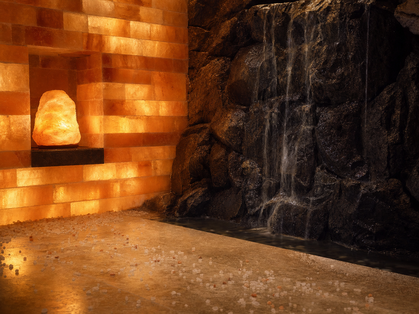 Detail corner of a salt cave: warm amber backlit Himalayan salt brick wall meeting a silent natural rock waterfall sheeting into a hidden basin, a salt crystal lamp on a recessed shelf