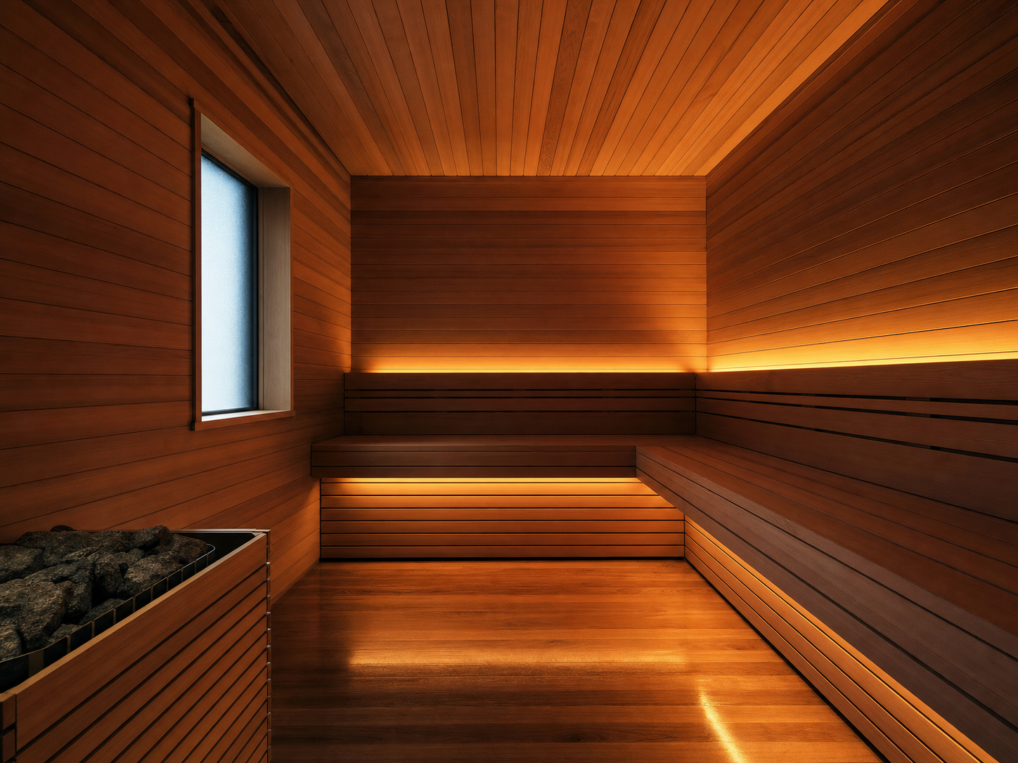 Western red cedar infrared sauna interior with chromotherapy LED ribbon along the bench, frosted glass window, warm honey wood tones