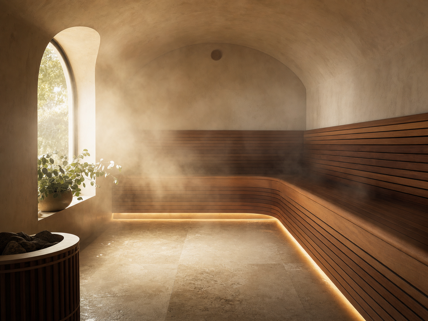 Vaulted Venetian plaster steam room with teak bench, hidden LED reveal, eucalyptus mist catching warm light from an arched window